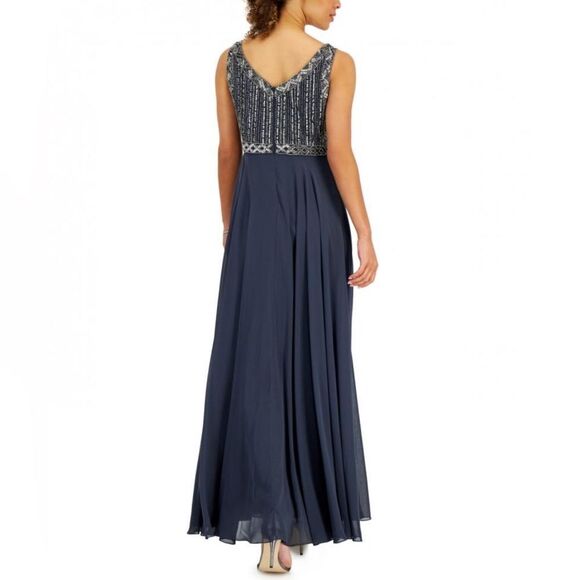 NWT J Kara Women's Beaded Illusion-V-Neck Gown Dress Size 12 Style 5578GR - Picture 9 of 16